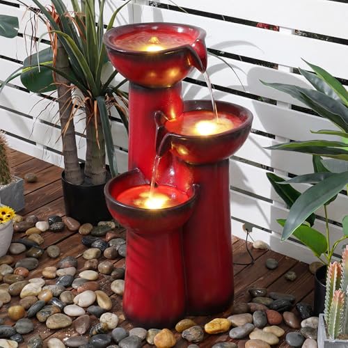 27" H Faux Ceramic Outdoor Water Fountain with LED Lights