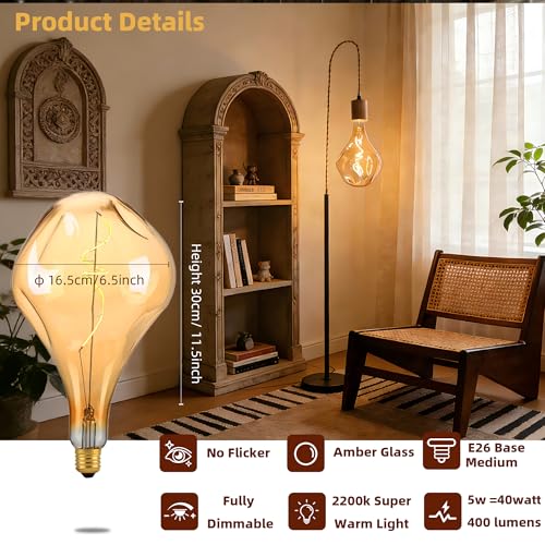Oversized Irregular Vintage LEDEdison Bulbs Dimmable 2200K 5W Amber E26 1PK