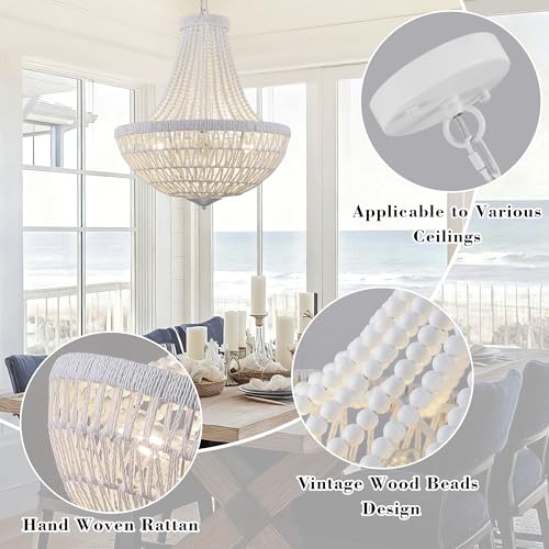 22" Boho Wood Beaded Chandelier Farmhouse Rattan Pendant Light Fixtures Bohemia Large Rattan Chandeliers for Dining Room Living Room Kitchen Island Entryway Foyer