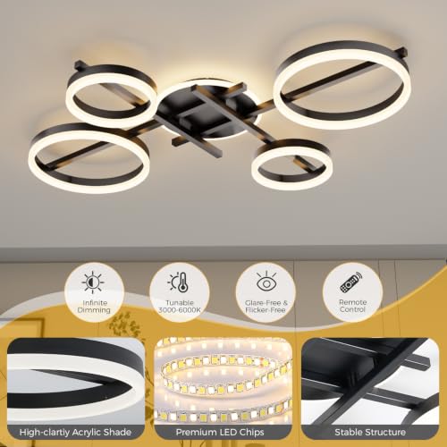 39.4" 5 Ring LED Dimmable Modern Ceiling Light Fixture (Black)