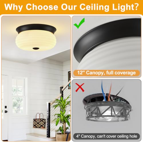 Black Flush Mount Ceiling Light Fixtures (Matte Black-Milk Glass(No Assembly Required))
