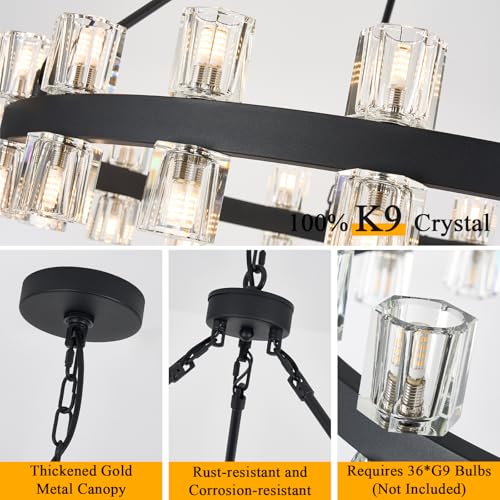 36 Inch Black Wagon Wheel Chandelier with Crystal Shade