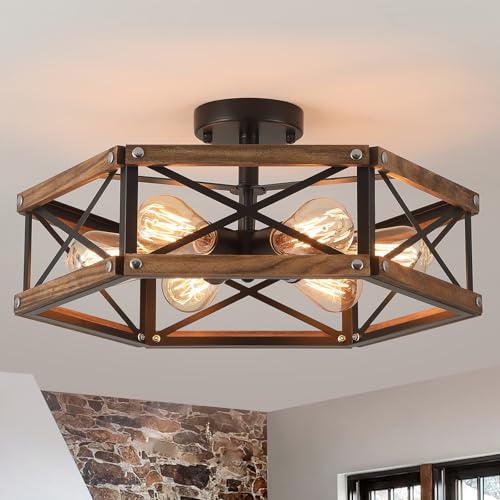 6 Light Large Rustic Farmhouse Wood Flush Mount Ceiling Light Fixture 20 inch Oak Wood and Metal Cage Semi Flush Mount Ceiling Light for Hallway Entry Dining Farmhouse Bedroom Living Room