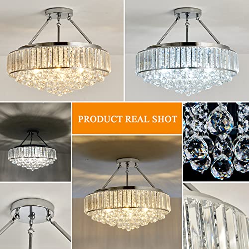 6 Light Modern Large Round Crystal Chandelier Chrome Semi Flush Mount Ceiling Light Fixtures E26 Ceiling Lamp for Dining Room Living Room Laundry Room Foyer Kitchen Balcony Bedroom
