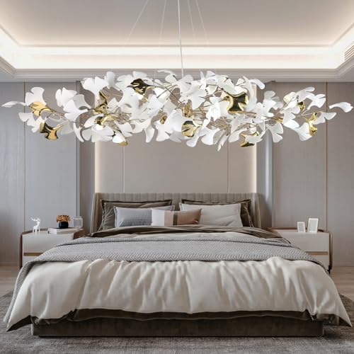 59 Inch White Rectangle Chandelier Gold Ceramic Ginkgo Leaf Chandeliers Brass Large Chandelier Modern Hanging Lights Fixture for Living Room Dining Room Kitchen Island