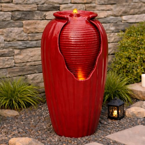 Glazed Vase Floor Freestanding Water Fountain with LED Lights and Pump for Outdoor Patio Backyard Deck Plant Garden Décor
