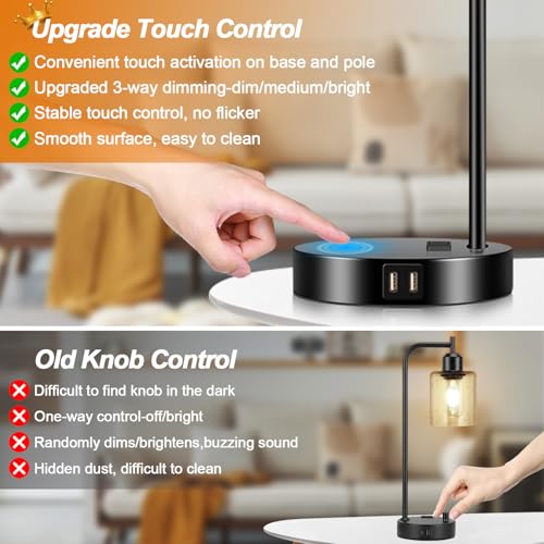 Set of 2 Industrial Touch Control Table Lamps with 2 USB Ports and AC Outlet