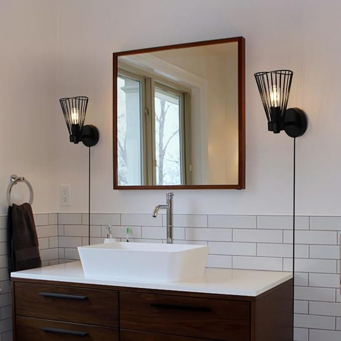 Plug in Wall Sconce Indoor Large Industrial Wall Sconces Farmhouse Wall Lamp with Plug in Cord Vintage Black Wall Lights with On/Off Switch Wall Light Fixture for Living Room Bedroom Rustic - Aura Lighting