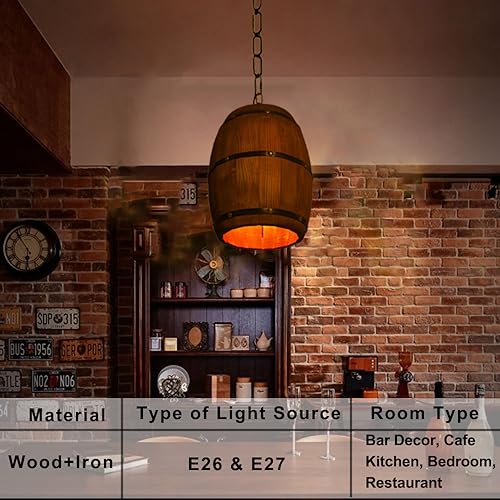 Wooden Wine Barrel Chandelier Bar Cafe Lights Vintage Rustic Wine Barrel Decor Hanging Light Kitchen Light Fixtures Pendant Lamp Barrel Shade Ceiling Light Farmhouse Pendant Light