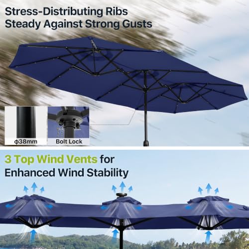 REE SOLDIER 13ft Double Sided Patio Umbrella with Solar Lights