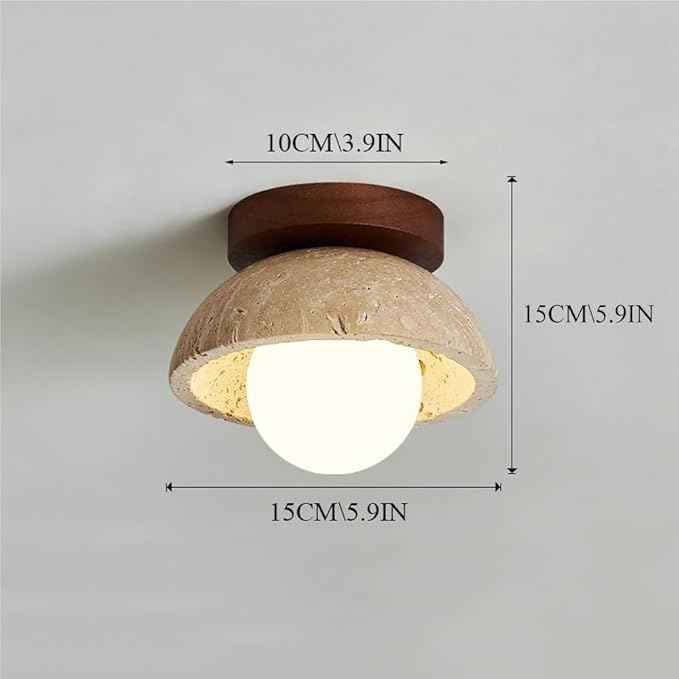 Wabi-Sabi Flush Mount Ceiling Light, Nordic Minimalist Travertine-Look Shade & Wood Base, Natural Globe LED Ceiling Lamp, Earthy Indoor Lighting for Bedroom, Hallway, Entryway Decor.