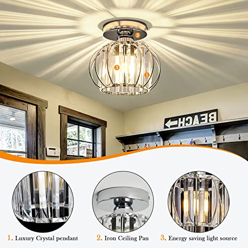 Modern Semi Flush Mount Ceiling Light Fixture E26 Mini Crystal Chandelier Chrome Small Ceiling Lamp for Entryway Bedroom Bathroom Hallway Closet Foyer （Silver