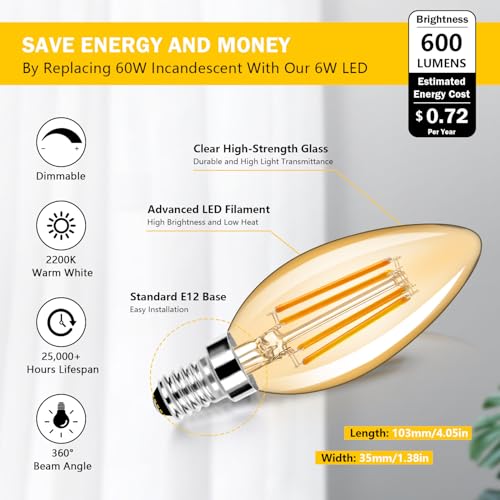 6 Pack Dimmable E12 LED Candelabra Bulbs 60W Equivalent (6 Count)