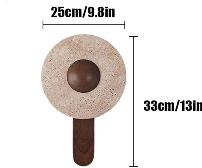 Modern Backlit Wall Sconce Travertine Stone Disc Dark Wood Arm Minimalist Hardwired LED Wall Light Fixture for Bedroom Living Room Hallway Accent Decor(Large)