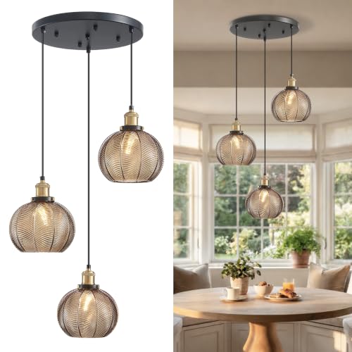 3 Light Vintage Amber Striped Glass Cluster Pendant Light
