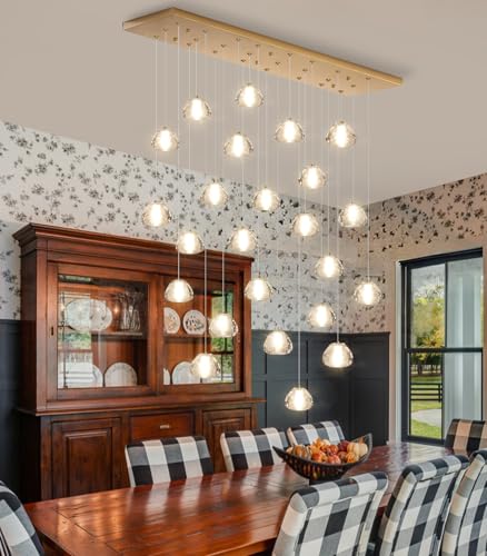 24 Lights Modern Crystal Rectangular Chandelier LED Raindrop Ceiling Pendant Light Crystal Lighting Fixture for Living Room Hotel Staircase Hallway Foyer Entryway Bedroom Gold (24 Count)