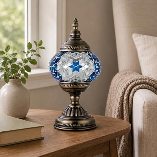 Turkish Moroccan Table Lamp Lantern with Handmade Mosaic Glass Lampshade Tiffany Style Bohemian Stained Glass Decorative Desk Lamps Bedside Night Lights for Bedroom
