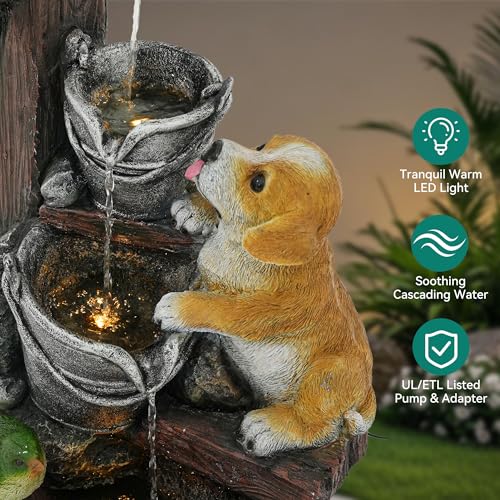 3 Tier Outdoor Fountain with Puppy & Green Bird and LED Lights