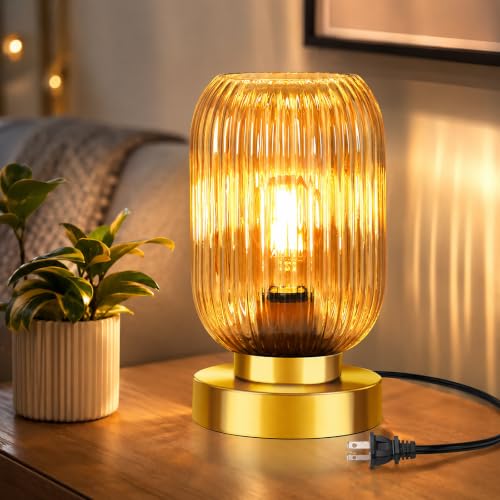 Mid Century Modern Table Lamp with Amber Ribbed Glass Shade