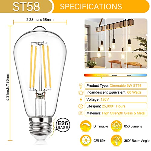 Vintage LED Edison Bulb Dimmable 60W Equivalent E26 Led Bulbs (4 Count)