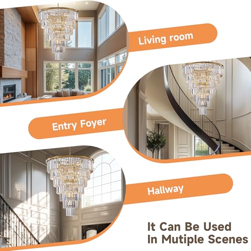 48 Inch Gold Tiered Crystal Tube Chandelier