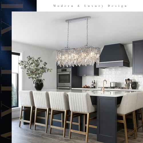 Rectangular Crystal Chandelier for Dining Room Modern Chrome Chandelier Linear Rectangle Pendant Light Fixtures for Kitchen Island L33” K9 Luxury Long Chandelier for Living Room