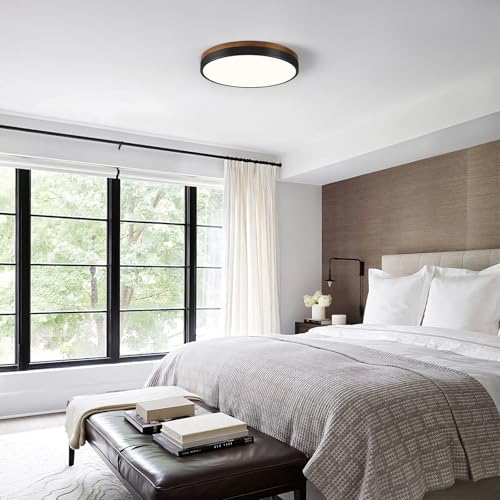 Modern Walnut Wood Black Flush Mount Ceiling Light 11.81 Inch