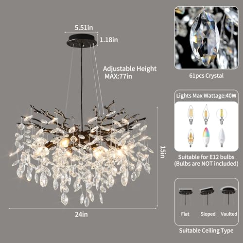 Black Tree Branch Crystal Chandelier 24" Modern Raindrop Chandelier