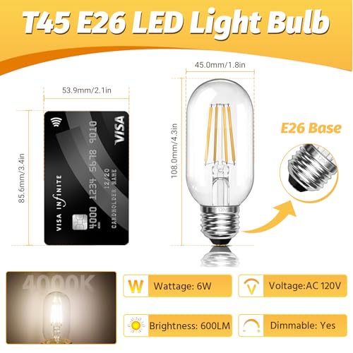 Dimmable Vintage Edison Bulbs 60 Watt Led 6W E26 LED Bulb 600 Lumens 4000K Natural Light CRI 90 T45 Antique LED Bulb Clear Glass for Chandeliers (2 Count)