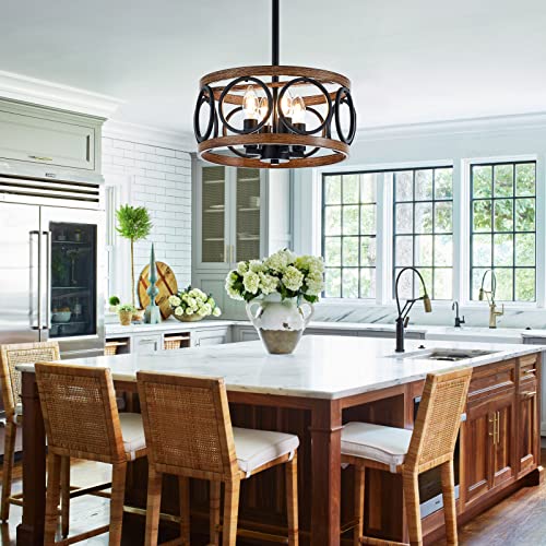 12.6" 4 Light Black Farmhouse Drum Pendant Light for Dining Room