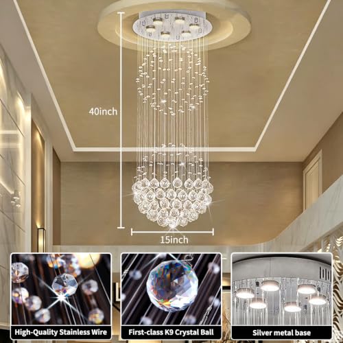 Crystal Modern Chandelier Contemporary 2 Balls Raindrop Crystal Chandelier Flush Mount Cylinder Chandelier Light Fixture Ceiling Lamp for Dining Room Living Room Kitchen Foyer Hallyway Bar
