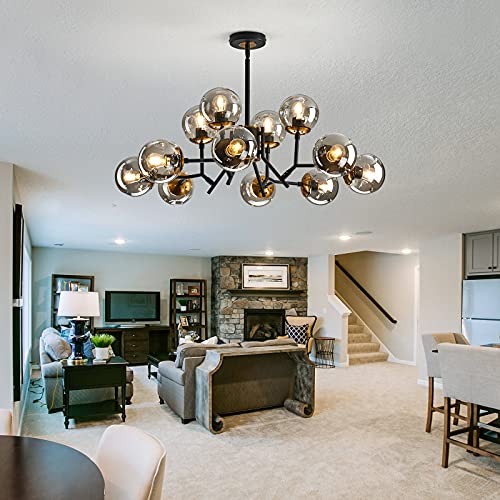 12-Light Mid-Century Modern Black Sputnik Chandelier with Glass Globe