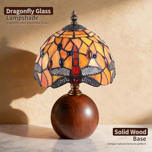 12.2" Retro Dragonfly Tiffany Small Table Lamp with Wood Base