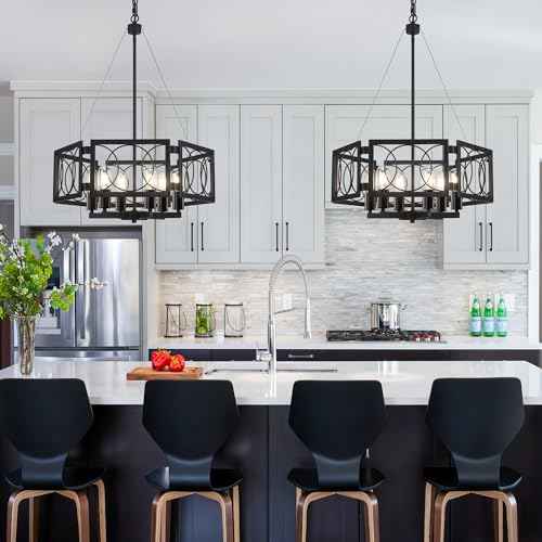 22.83'' Black Farmhouse Chandelier for Dining Room, Large Modern Industrial Geometric Pendant Lighting Fixture Adjustable Hanging Lights for Kitchen Island Foyer Hallway