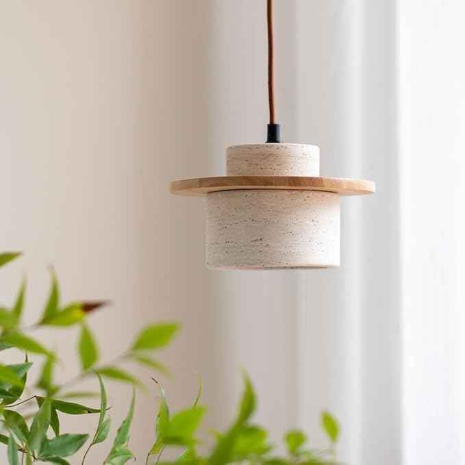 Travertine Pendant Light, Stone Cylinder Hanging Lamp with Wood Disc Accent, E26 Base, Wabi-Sabi Modern Minimalist Japandi Style Lighting for Bedside, Kitchen Island, Bar Counter(Wood Color)