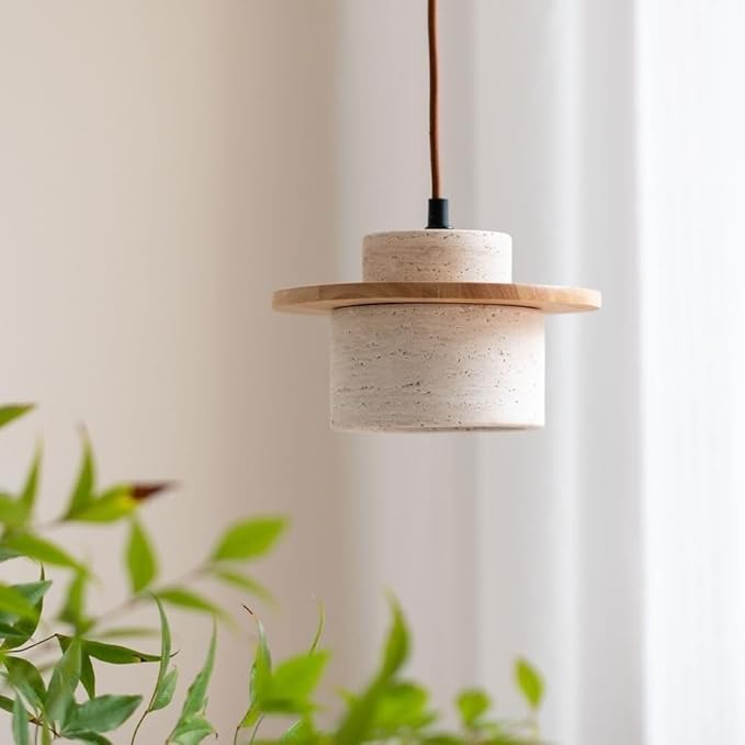 Travertine Pendant Light, Stone Cylinder Hanging Lamp with Wood Disc Accent, E26 Base, Wabi-Sabi Modern Minimalist Japandi Style Lighting for Bedside, Kitchen Island, Bar Counter(Walnut Color)