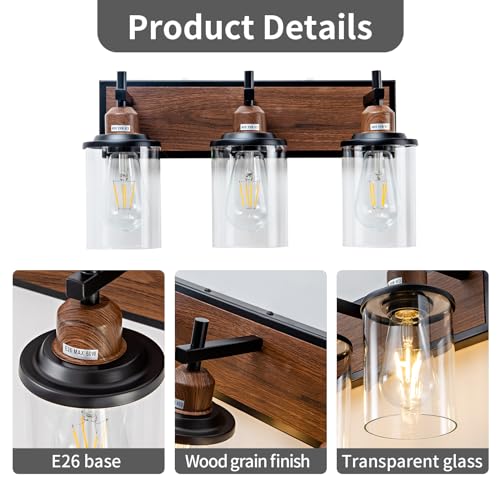 3 Light Farmhouse Bathroom Light Fixtures Vintage Vanity Lights Over Mirror Black and Wood Painted Metal Vanity Light with Glass Shades E26 Socket