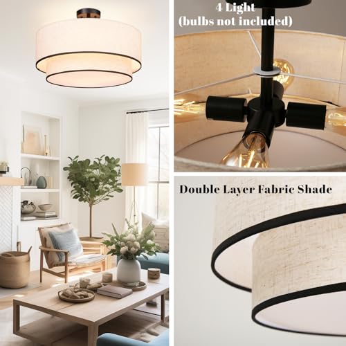 20 inch Semi Flush Mount Ceiling Light Fixture with Fabric Shade