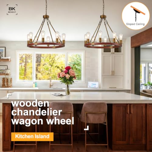 Farmhouse Wagon Wheel Chandelier 24" Rustic Gold Chandelier for Dining Room