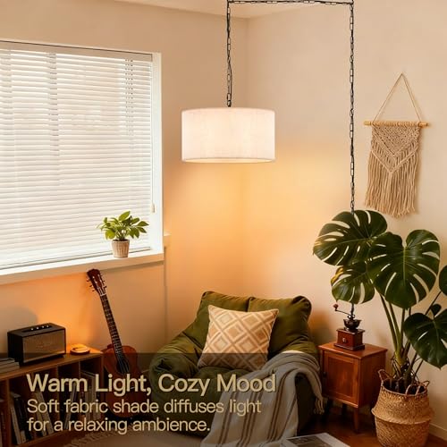 3 Light Plug in Pendant Light with Linen Drum Shade