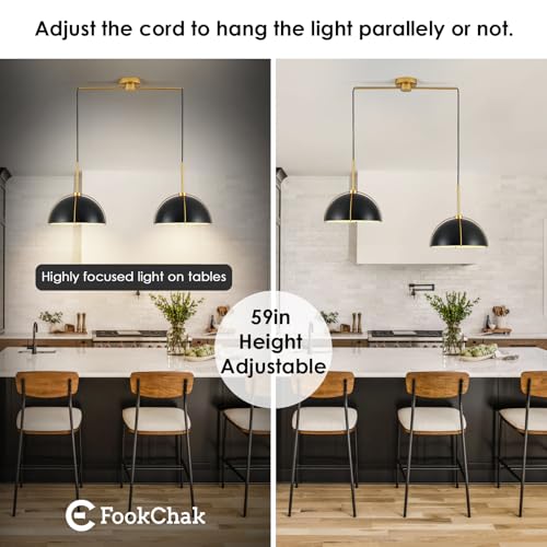 Black Dome Pendant Light 2 Light Socket Large Pendant Light Fixture with Adjustable Pendant Cord Black Gold Pendant Lighting for Kitchen Island Dining Room Kitchen Sink