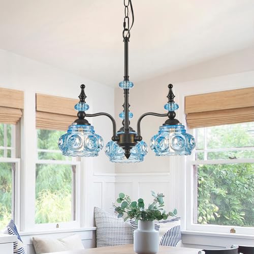 Blue 3 Light Pendant Light Fixtures Black Lights Victorian Vintage Celing Pendant Fixtures for Kitchen Island Bedroom Restrant