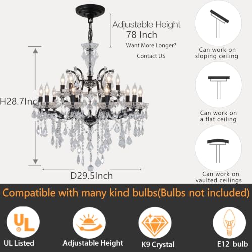 15 Light Modern Maria Theresa Crystal Chandelier UL Listed Black Farmhouse Chandeliers D29.5 Pendant Light Fixture for Dining Room Living Room Bedroom Foyer Entryway