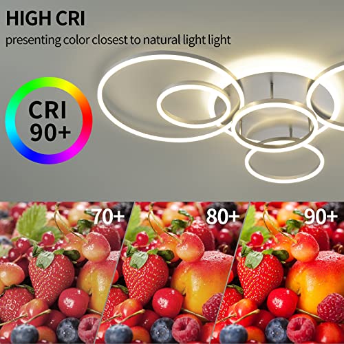 Modern LED Ceiling Light Silver Dimmable 5 Rings Flush Mount Ceiling Light Fixtures with Remote Control 106W 10000LM Ceiling Lighting for Living Room Bedroom Kitchen Dining Room 3000