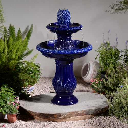 2 Tier Dark Blue Ceramic Pedestal Fountain