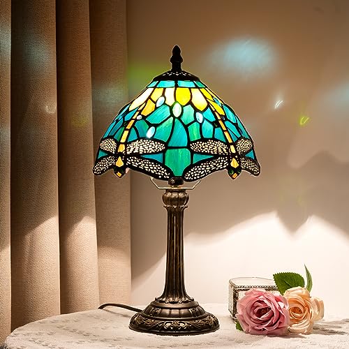 Tiffany Lamp Style Stained Glass Table Lamp Teal Dragonfly Green Bedroom Bedside Light for Office Dorm Bar Decor Retro Unique Cute fun Small Night Light Gift Aesthetic Accent Village Nightstand Lamps