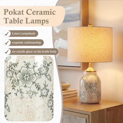 1 Pcs 21" Farmhouse Green Ceramic Lamp with Beige Linen Shade