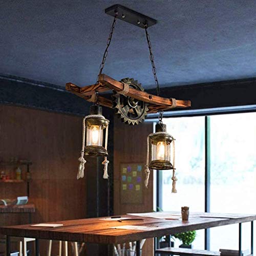 Wood Retro Pendant Lighting Industrial Vintage Chandelier Black Metal Bedroom Restaurant Suspension Lamp Cage Frame with Glass Shade House Loft Bar Coffee Decoration Ceiling Lights Fitting