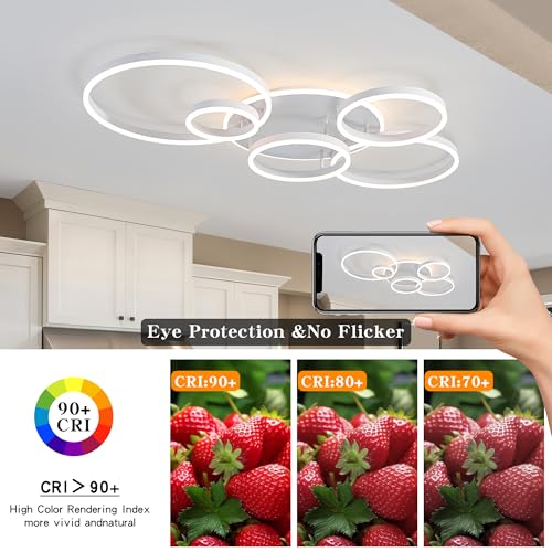 Modern LED Ceiling Light White Flush Mount Ceiling Lights Fixtures Dimmable 47" Dining Room Light Fixture with Remote 6 Rings Kitchen Lighting Fixtures Ceiling Lamp for Bedroom