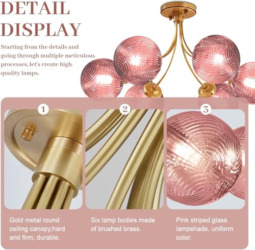 8 Light Sputnik Pink Chandelier Vintage Flush Mount Ceiling Light with Globe Glass Pendant Lights Gold Chandeliers for Dining Room Bedroom Living Room